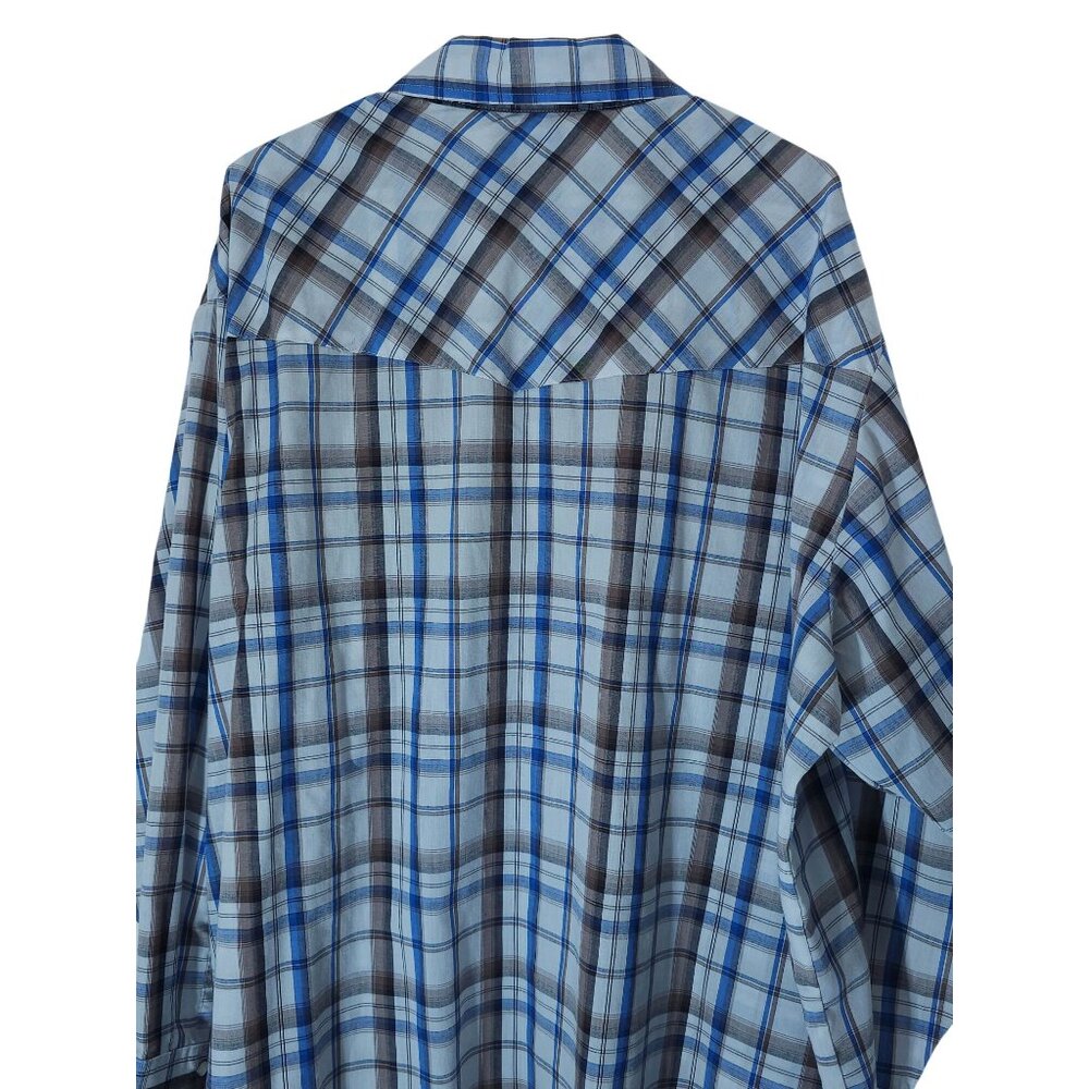 Men's 3X Plaid Western Snap Shirt Plains Big Man Cotton Blue/Brown - Picture 9 of 12
